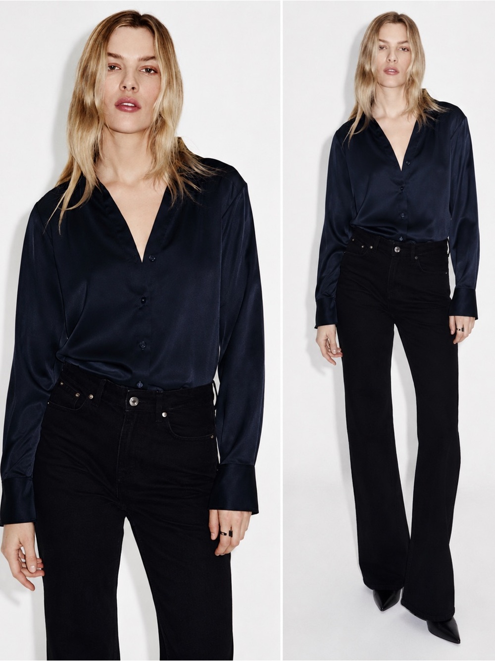 H&M Midnight Navy Satin V-Neck Button Blouse